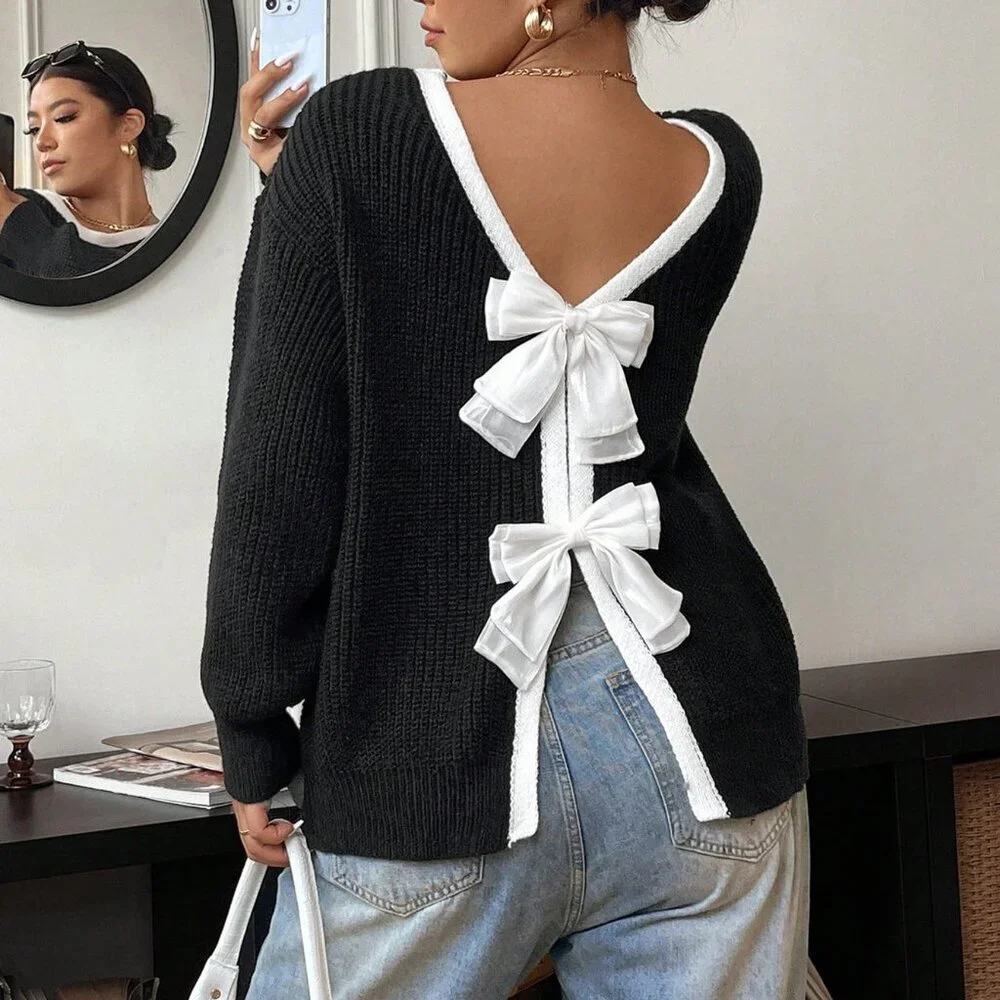 Plus Size Black Casual Women's Bowknot Crew Neck Long Sleeve Sweater - Picture 7 of 9